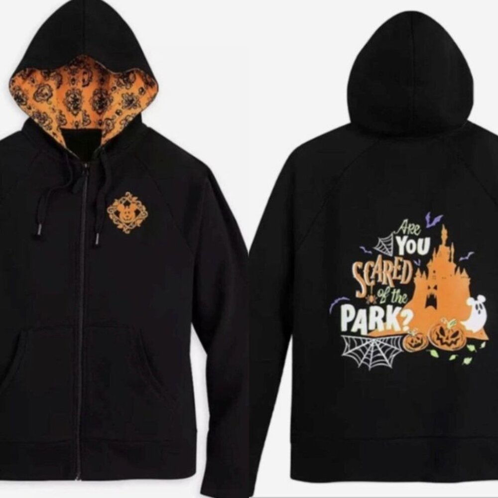 Disney Parks Halloween Are you Afraid of the Park Zip Up Hoodie Black Orange XL